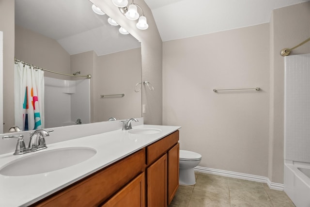 6620 Roaring Crk, Denton, TX 76226 - full bathroom featuring toilet, vaulted ceiling, baseboards, double vanity, and shower / bath combo