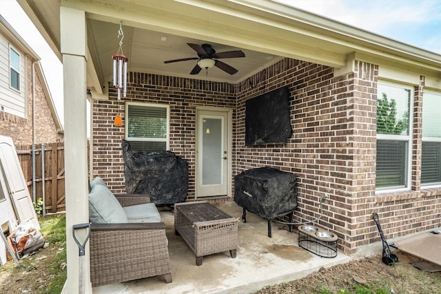 6620 Roaring Crk, Denton, TX 76226 - view of patio / terrace featuring a ceiling fan, fence, and an outdoor hangout area