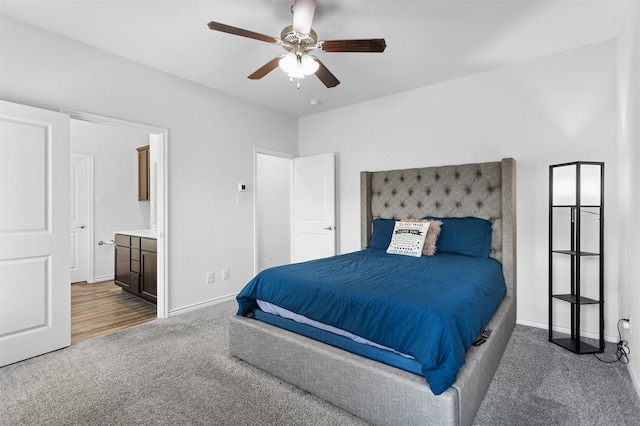 2619 Pinckney Ct, Forney, TX 75126 - carpeted bedroom featuring ensuite bath, baseboards, and a ceiling fan