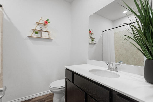 2619 Pinckney Ct, Forney, TX 75126 - full bathroom with toilet, vanity, wood finished floors, baseboards, and a shower with shower curtain