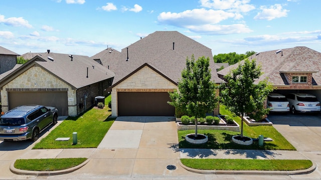 2619 Pinckney Ct, Forney, TX 75126 - french country inspired facade featuring stone siding, roof with shingles, concrete driveway, cooling unit, and a front lawn