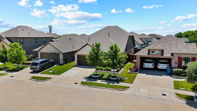 2619 Pinckney Ct, Forney, TX 75126 - french country style house featuring driveway, brick siding, a residential view, a garage, and a shingled roof