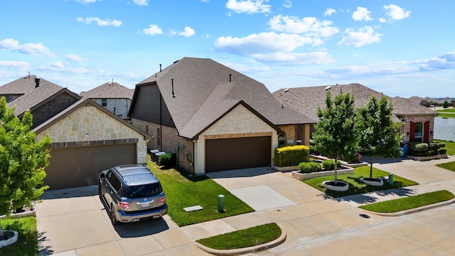 2619 Pinckney Ct, Forney, TX 75126 - french country style house featuring concrete driveway, brick siding, stone siding, an attached garage, and a shingled roof