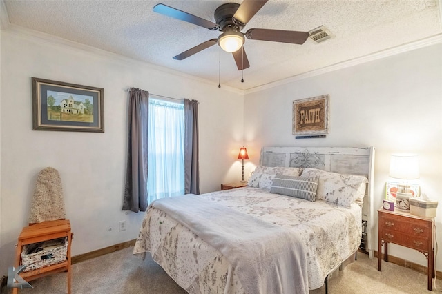 225 Field St, Clyde, TX 79510 - carpeted bedroom featuring crown molding, baseboards, a ceiling fan, and a textured ceiling