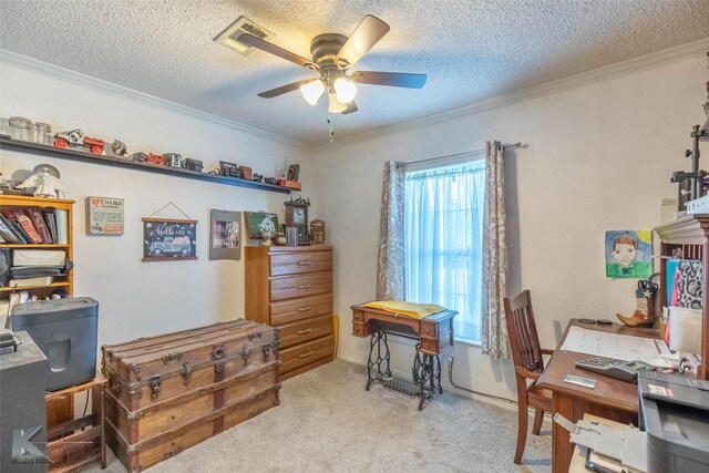 225 Field St, Clyde, TX 79510 - home office featuring ceiling fan, ornamental molding, light colored carpet, and a textured ceiling