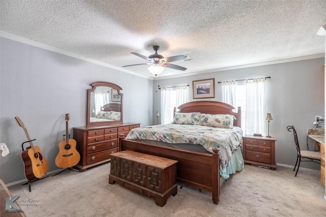 225 Field St, Clyde, TX 79510 - bedroom featuring ornamental molding, light colored carpet, a textured ceiling, a ceiling fan, and baseboards
