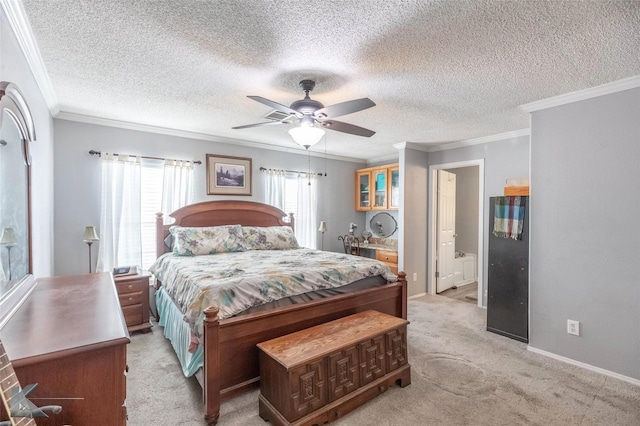 225 Field St, Clyde, TX 79510 - bedroom featuring light colored carpet, crown molding, ceiling fan, a textured ceiling, and ensuite bathroom