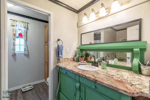 225 Field St, Clyde, TX 79510 - bathroom with ornamental molding, wood finished floors, vanity, baseboards, and toilet