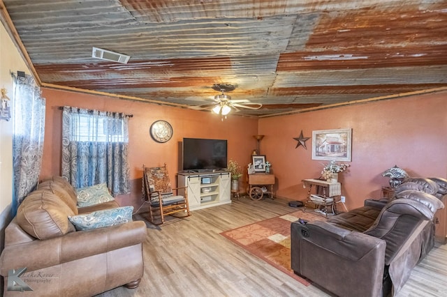 225 Field St, Clyde, TX 79510 - living room with wood finished floors, a ceiling fan, and wood ceiling