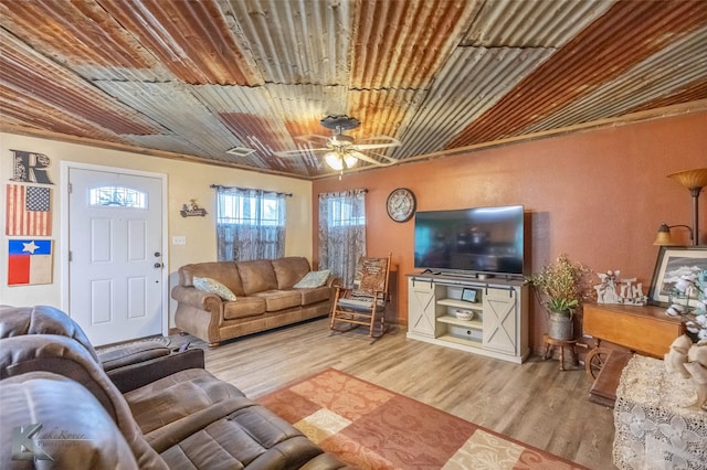 225 Field St, Clyde, TX 79510 - living area featuring ceiling fan, wood finished floors, and wood ceiling