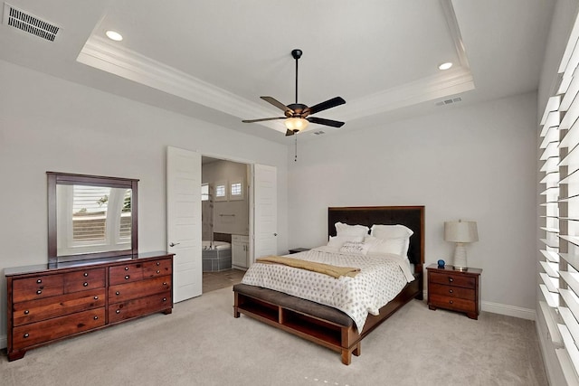 2517 Plum Tree Way, Mckinney, TX 75071 - bedroom with a raised ceiling, light colored carpet, recessed lighting, ornamental molding, and ensuite bathroom