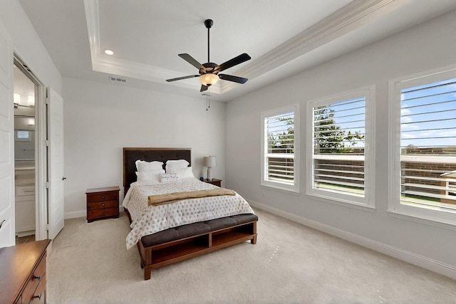 2517 Plum Tree Way, Mckinney, TX 75071 - carpeted bedroom with a tray ceiling, baseboards, ceiling fan, recessed lighting, and crown molding