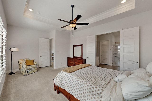 2517 Plum Tree Way, Mckinney, TX 75071 - bedroom featuring a raised ceiling, recessed lighting, crown molding, baseboards, and carpet floors