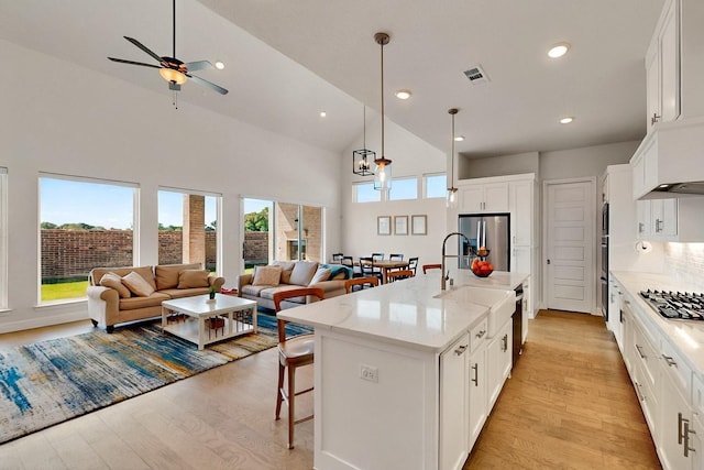 2517 Plum Tree Way, Mckinney, TX 75071 - kitchen featuring a sink, appliances with stainless steel finishes, light wood-style floors, open floor plan, and high vaulted ceiling