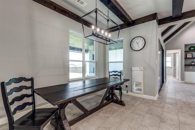9104 Lazy Oak Dr, Justin, TX 76247 - dining room with a chandelier, beam ceiling, baseboards, and light tile patterned flooring