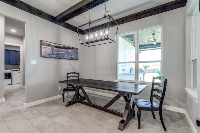 9104 Lazy Oak Dr, Justin, TX 76247 - dining space featuring beam ceiling, baseboards, washing machine and dryer, and a chandelier