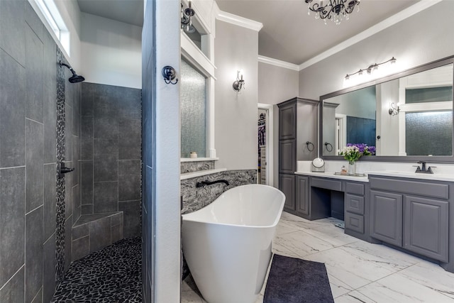 9104 Lazy Oak Dr, Justin, TX 76247 - full bathroom featuring ornamental molding, a tile shower, marble finish floors, a freestanding bath, and vanity