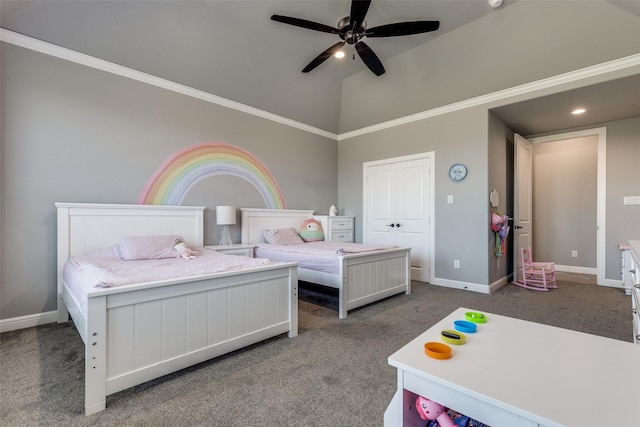 9104 Lazy Oak Dr, Justin, TX 76247 - bedroom featuring carpet flooring, high vaulted ceiling, baseboards, and ceiling fan