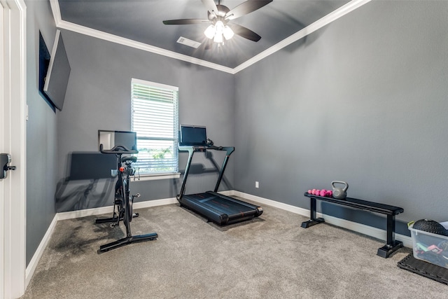 9104 Lazy Oak Dr, Justin, TX 76247 - workout room with carpet floors, a ceiling fan, baseboards, and crown molding