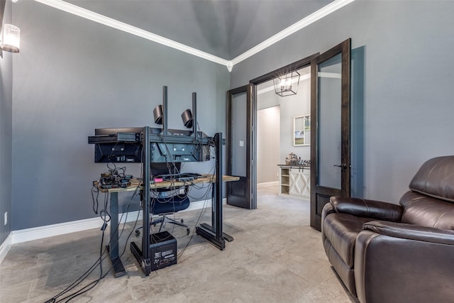 9104 Lazy Oak Dr, Justin, TX 76247 - home office with crown molding, baseboards, a chandelier, and concrete flooring