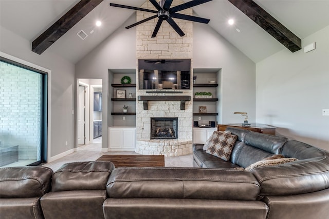 9104 Lazy Oak Dr, Justin, TX 76247 - living area with a ceiling fan, high vaulted ceiling, beam ceiling, a fireplace, and built in shelves