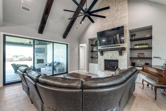 9104 Lazy Oak Dr, Justin, TX 76247 - living area featuring a fireplace, a ceiling fan, high vaulted ceiling, and beam ceiling