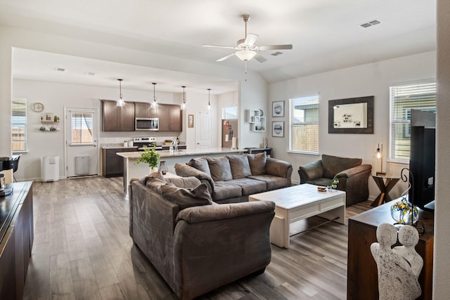 8213 Smokey Creek Pass, Fort Worth, TX 76179 - living room with a ceiling fan, wood finished floors, and plenty of natural light