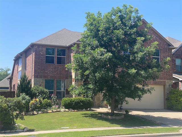 8740 Running River Ln, Fort Worth, TX 76131 - traditional-style house with concrete driveway, brick siding, an attached garage, a front yard, and roof with shingles