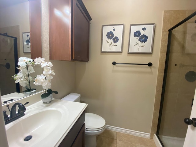 8740 Running River Ln, Fort Worth, TX 76131 - bathroom featuring a stall shower, toilet, baseboards, and vanity