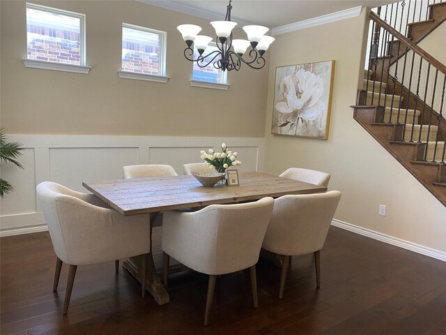 8740 Running River Ln, Fort Worth, TX 76131 - dining room featuring crown molding, stairs, a chandelier, dark wood-style flooring, and a wainscoted wall