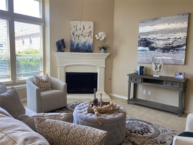 8740 Running River Ln, Fort Worth, TX 76131 - carpeted living area featuring a fireplace and baseboards