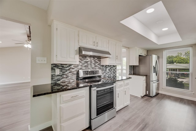 1305 Willow Way, Garland, TX 75043 - kitchen with under cabinet range hood, stainless steel appliances, baseboards, light wood-style flooring, and recessed lighting