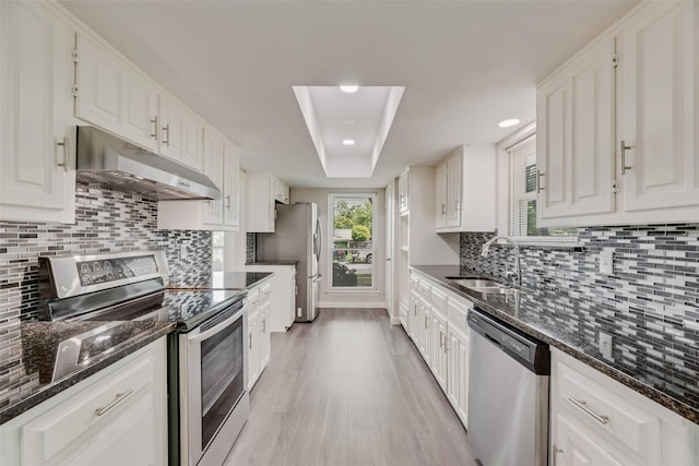 1305 Willow Way, Garland, TX 75043 - kitchen with stainless steel appliances, under cabinet range hood, light wood-style flooring, white cabinets, and recessed lighting