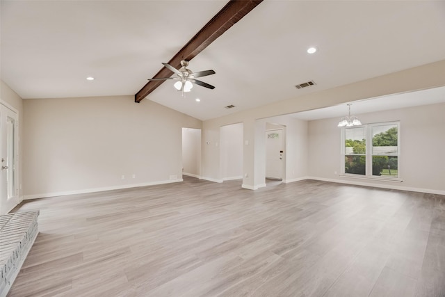 1305 Willow Way, Garland, TX 75043 - unfurnished living room featuring ceiling fan, light wood-style flooring, a chandelier, and recessed lighting