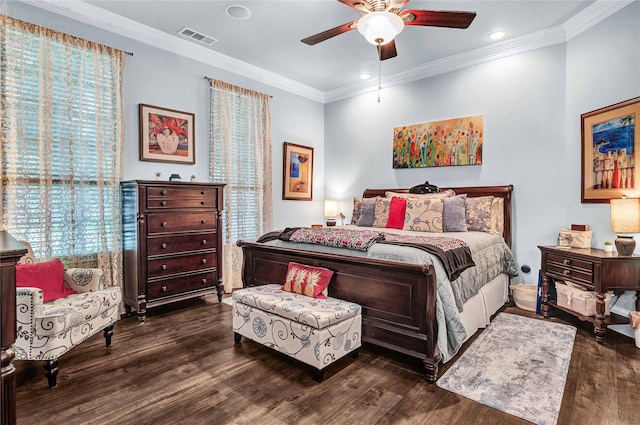 11086 Tenison Ln, Frisco, TX 75033 - bedroom featuring wood finished floors, crown molding, recessed lighting, and a ceiling fan