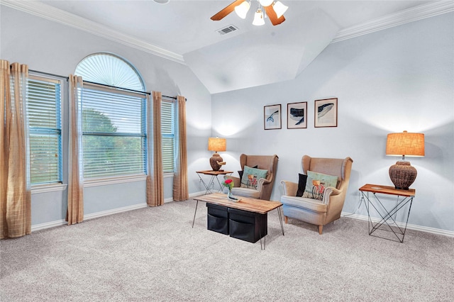11086 Tenison Ln, Frisco, TX 75033 - living room with ceiling fan, carpet, baseboards, ornamental molding, and lofted ceiling