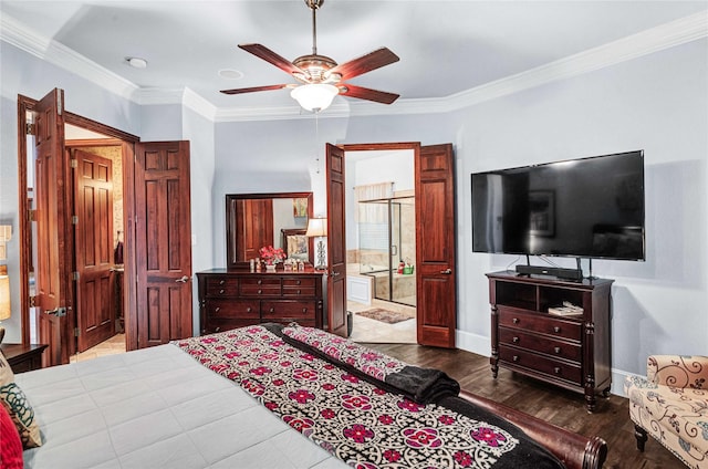 11086 Tenison Ln, Frisco, TX 75033 - bedroom with ornamental molding, wood finished floors, baseboards, a ceiling fan, and connected bathroom