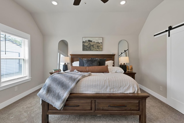 149 Deats Farm Ct, Azle, TX 76020 - bedroom featuring a barn door, vaulted ceiling, light carpet, baseboards, and recessed lighting