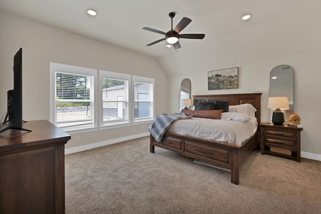 149 Deats Farm Ct, Azle, TX 76020 - bedroom with light carpet, baseboards, ceiling fan, recessed lighting, and vaulted ceiling