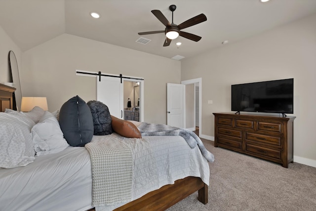 149 Deats Farm Ct, Azle, TX 76020 - carpeted bedroom featuring recessed lighting, lofted ceiling, a barn door, a ceiling fan, and baseboards