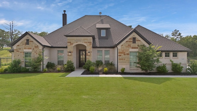 149 Deats Farm Ct, Azle, TX 76020 - french provincial home featuring stone siding, a chimney, brick siding, and roof with shingles