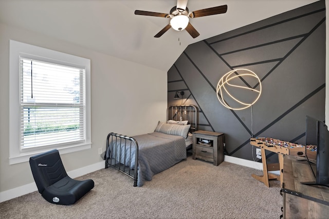 149 Deats Farm Ct, Azle, TX 76020 - bedroom with baseboards, carpet flooring, vaulted ceiling, and a ceiling fan