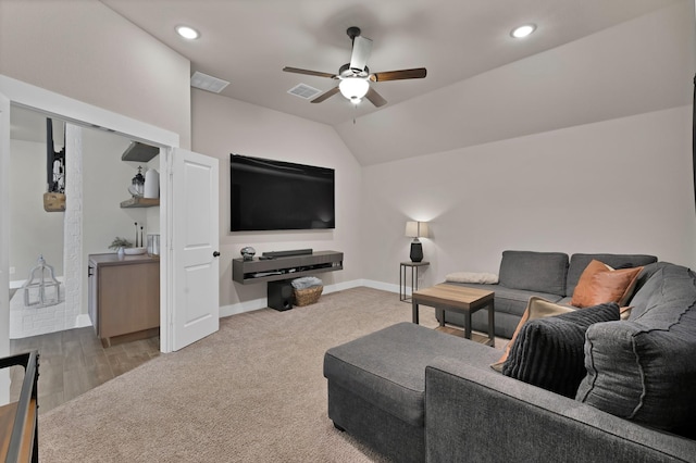 149 Deats Farm Ct, Azle, TX 76020 - living room with a ceiling fan, baseboards, recessed lighting, lofted ceiling, and carpet