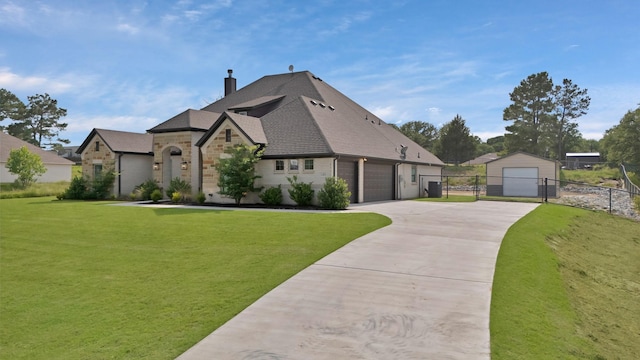 149 Deats Farm Ct, Azle, TX 76020 - french country style house with a garage, a chimney, stone siding, driveway, and a shingled roof