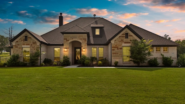 149 Deats Farm Ct, Azle, TX 76020 - french provincial home with stone siding, a yard, a chimney, and a shingled roof