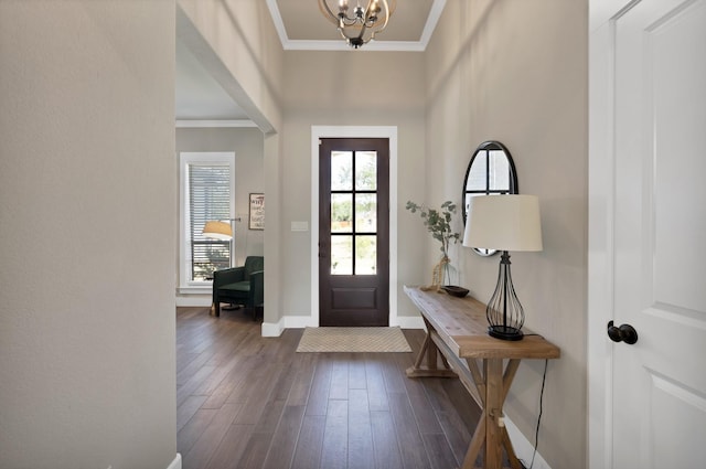149 Deats Farm Ct, Azle, TX 76020 - foyer featuring baseboards, dark wood-style floors, crown molding, and a chandelier