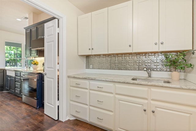 561 Farms Rd, New Hope, TX 75071 - kitchen with stainless steel electric stove, a sink, decorative backsplash, and light stone countertops