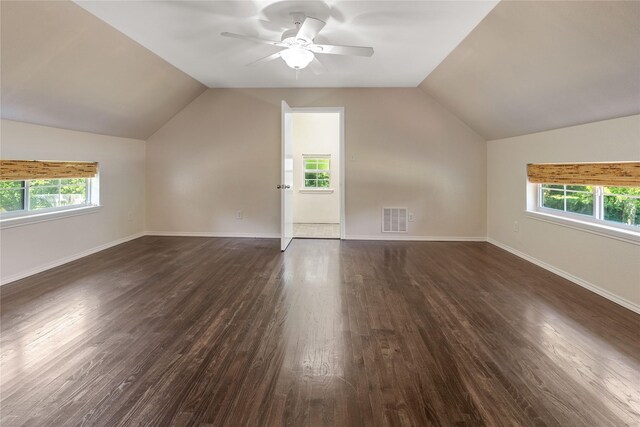 561 Farms Rd, New Hope, TX 75071 - additional living space featuring ceiling fan, vaulted ceiling, dark wood-style flooring, and baseboards
