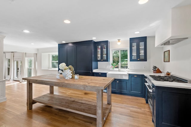 201 Forest Trce, Rockwall, TX 75087 - kitchen featuring blue cabinets, a sink, premium range hood, light countertops, and glass insert cabinets