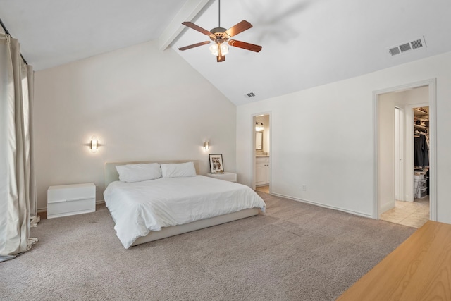 201 Forest Trce, Rockwall, TX 75087 - carpeted bedroom with beamed ceiling, high vaulted ceiling, a spacious closet, connected bathroom, and ceiling fan